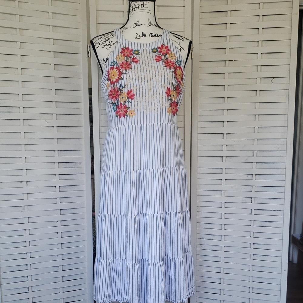 Savanna Jane Floral Embroidered Striped Sleeveless Dress Size L - Picture 1 of 7